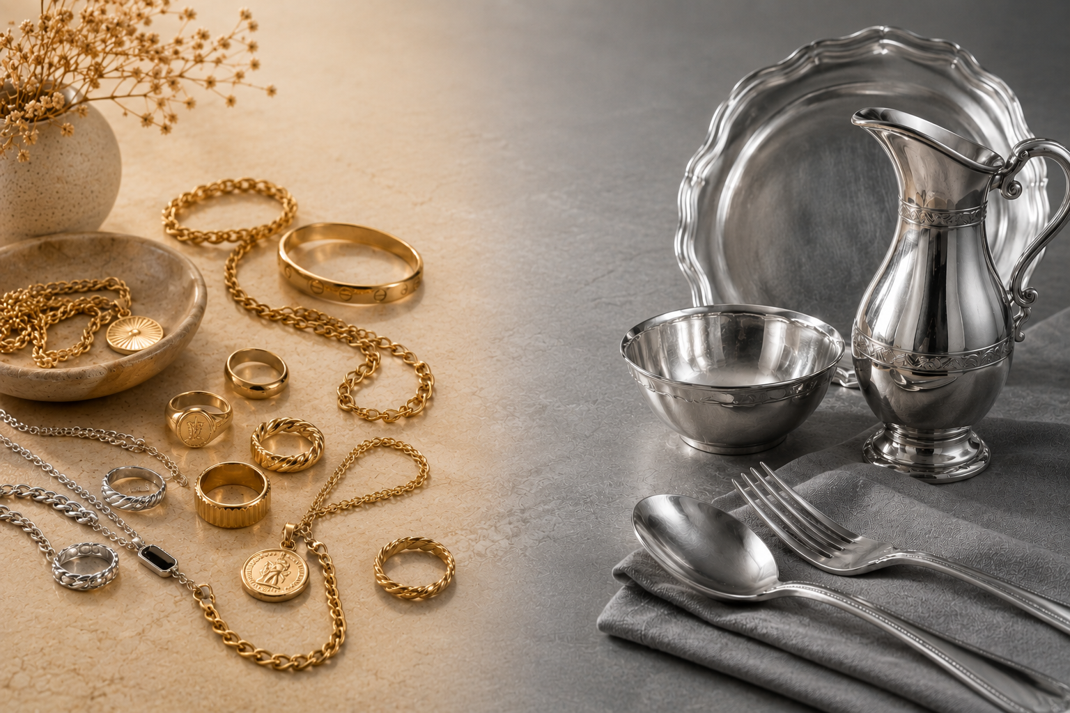 Gold estate jewelry and sterling silver tablewares