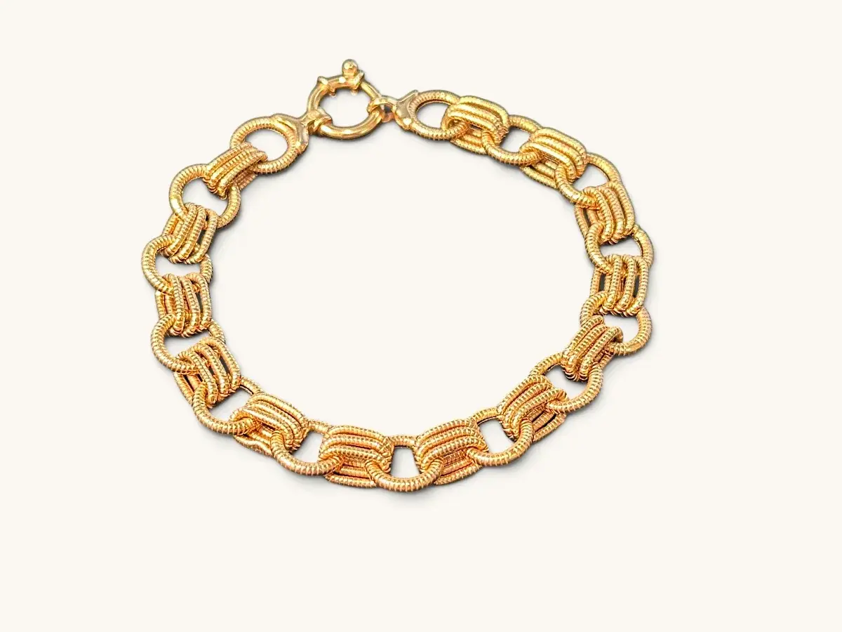 Pulsera Italiana Milor de Oro Rosa de 14K con Eslabones Decorativos Semi Sólidos