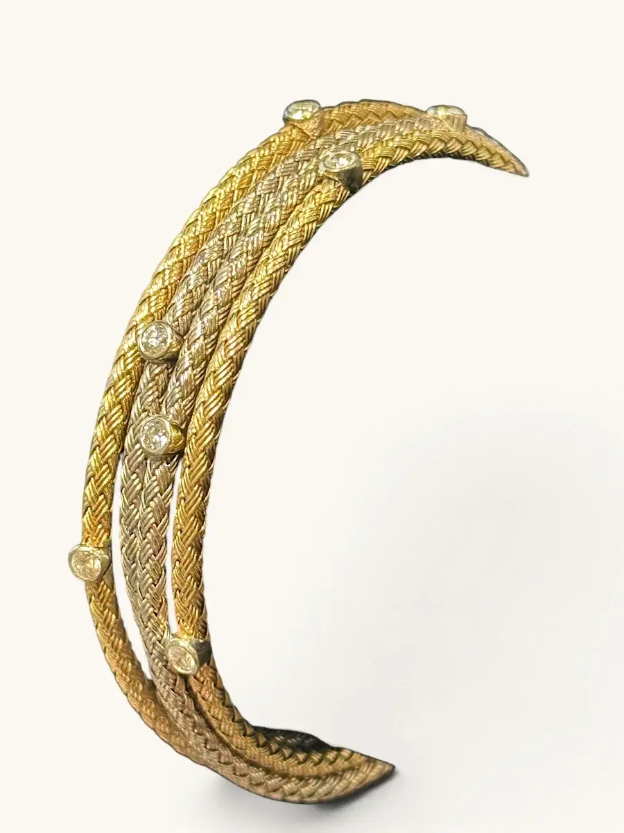 Pulsera Vintage Italiana de Oro Amarillo y Blanco de 14K con Diamantes y Cordones Trenzados