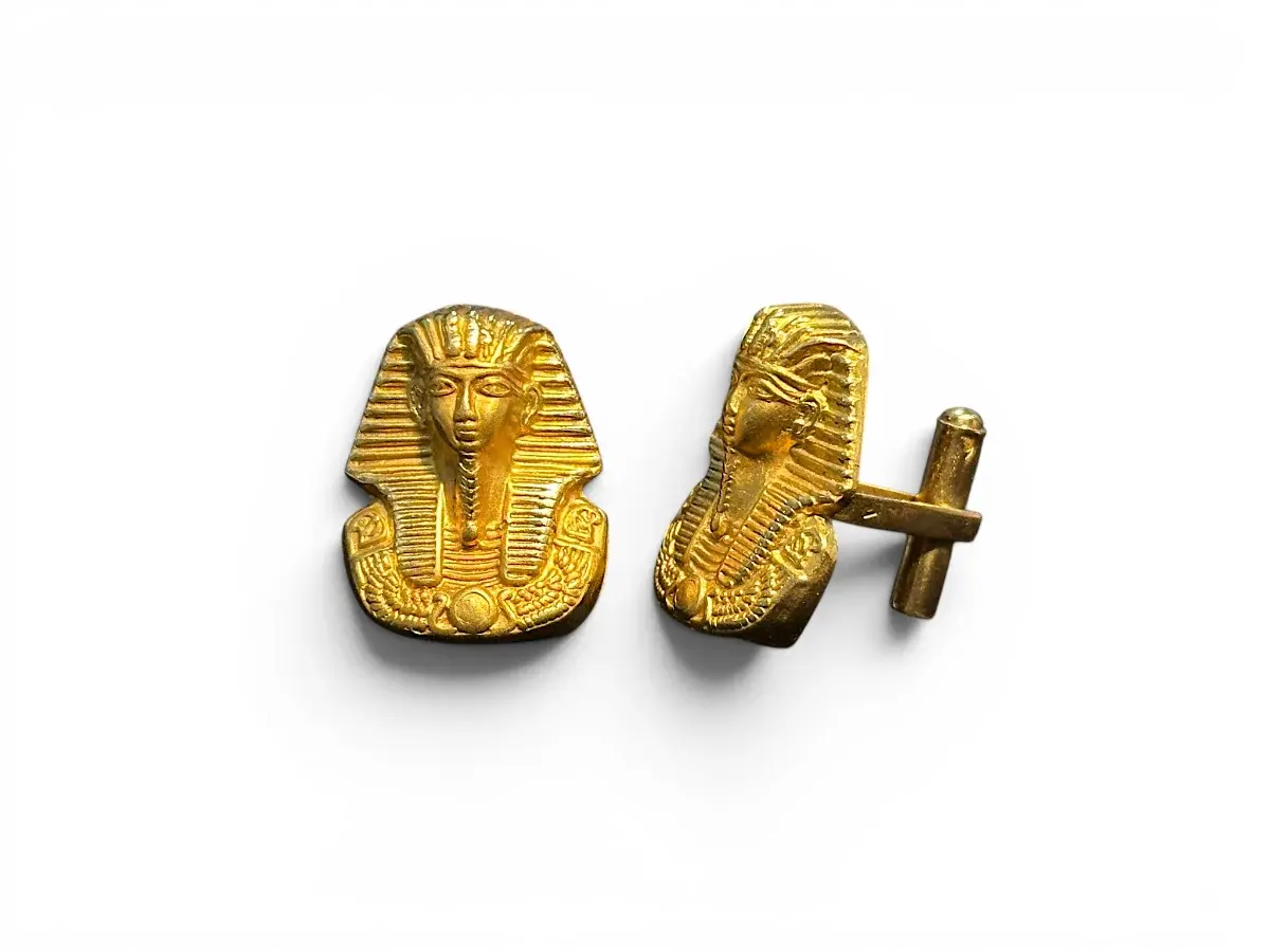 Mancuernillas Vintage de Oro Amarillo 18K con Faraón Egipcio y Sellos Egipcios — Par