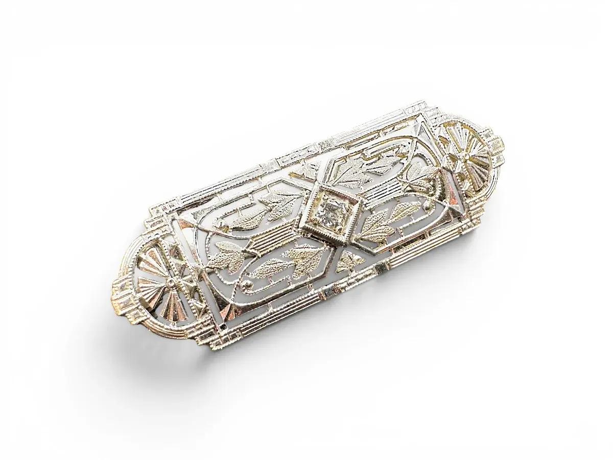 Broche de Filigrana Antiguo en Oro Blanco 14K con Diamante Natural